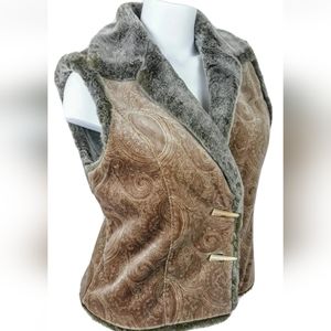 EUC J.Jill Size M Faux Fur Plush Vest Paisley Print Toggle Buttons